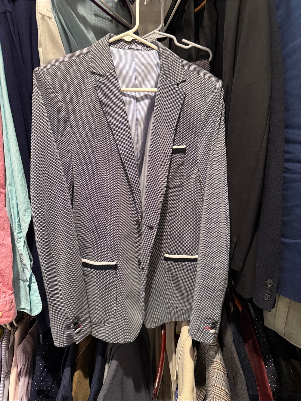 Zara Blue-Gray Textured Blazer with White Trim